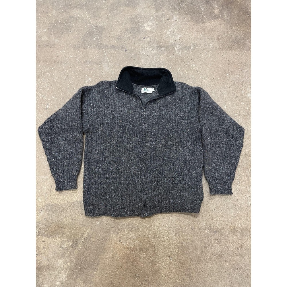 REI Sweater Mens Large Gray Full Zip‎ Fleece Lined Collar Speckled Knit Cardigan